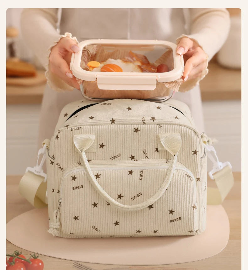A light beige floral corduroy insulated lunch bag is shown being held over a wooden surface.