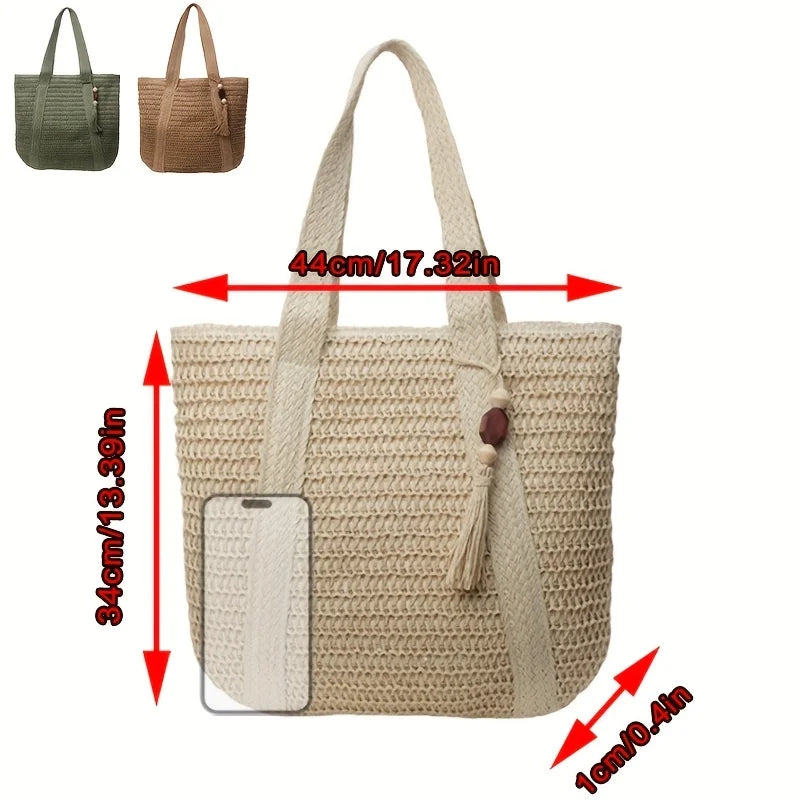 A beige natural straw woven tote bag shown with various size options and dimensions.