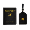 Black PU leather passport holder with a gold airplane emblem and a lanyard.