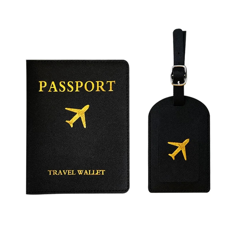 Black PU leather passport holder with a gold airplane emblem and a lanyard.