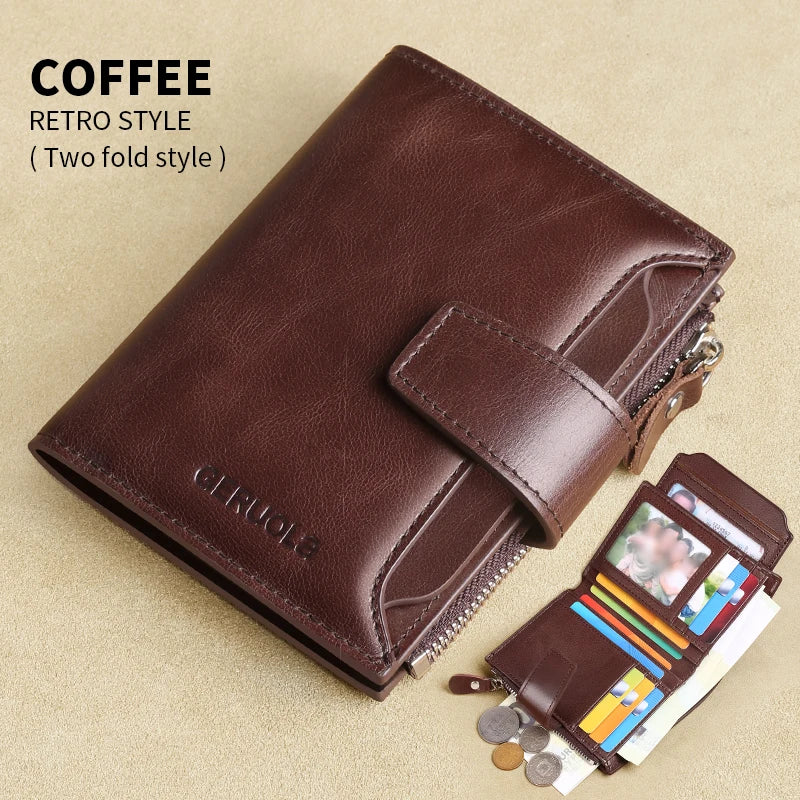 A dark brown retro style two-fold leather wallet with a zipper and a card slot resting on a light background.