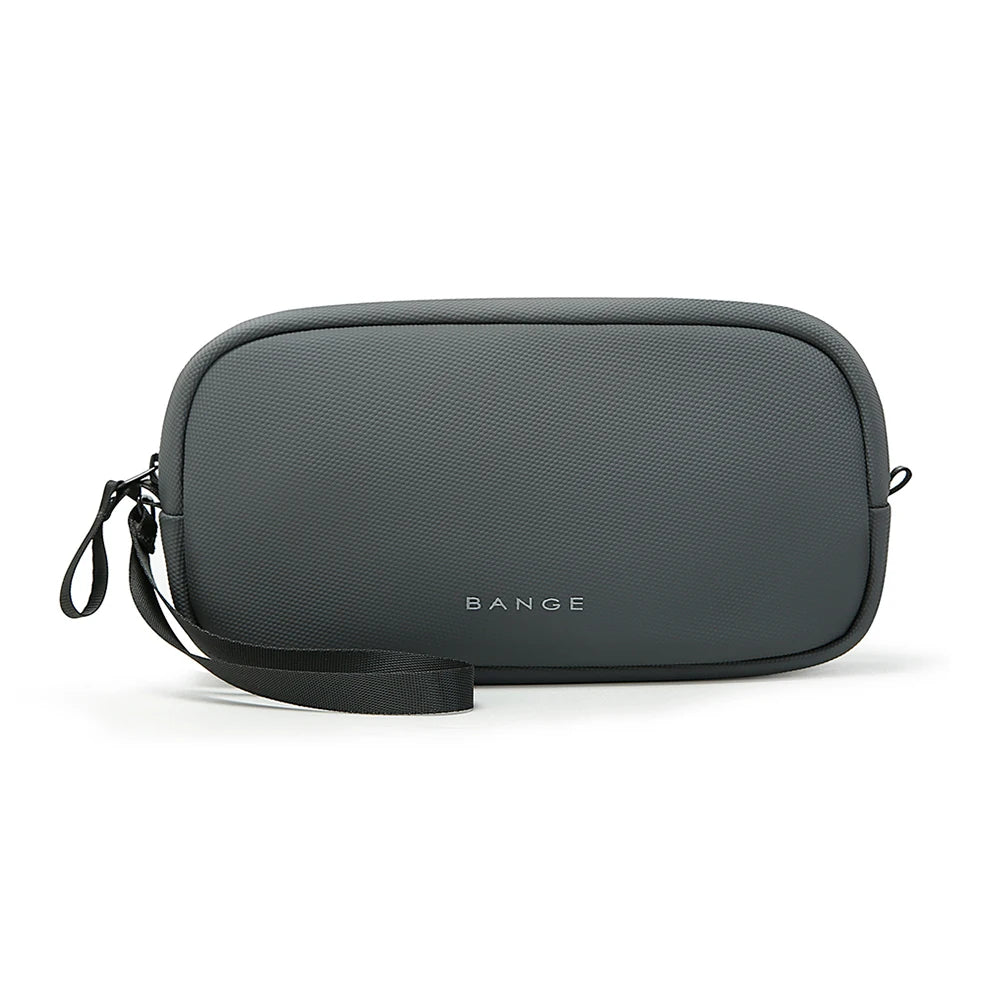 A dark gray travel electronics organizer pouch with a black strap and the BANGE logo.