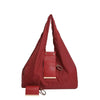 A maroon reusable nylon mini keychain tote bag with a leather strap and attached key ring.