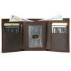A brown leather trifold wallet showing cash, credit cards, and an ID card.
