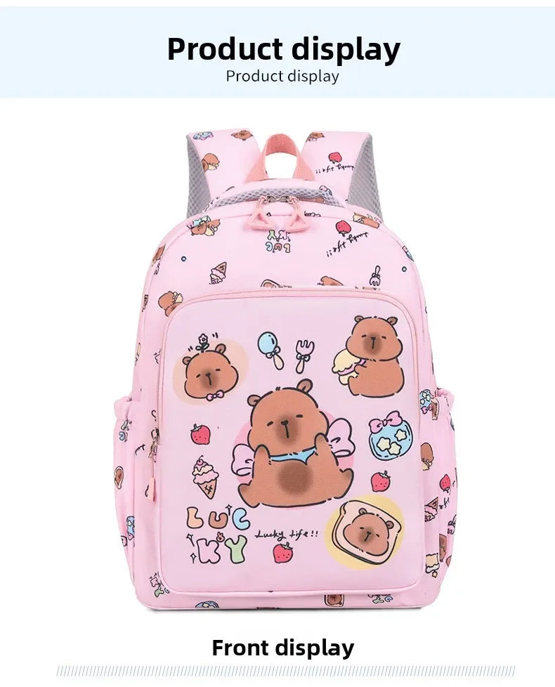 Pink cartoon animal backpack featuring cute bear characters and various sweet designs.