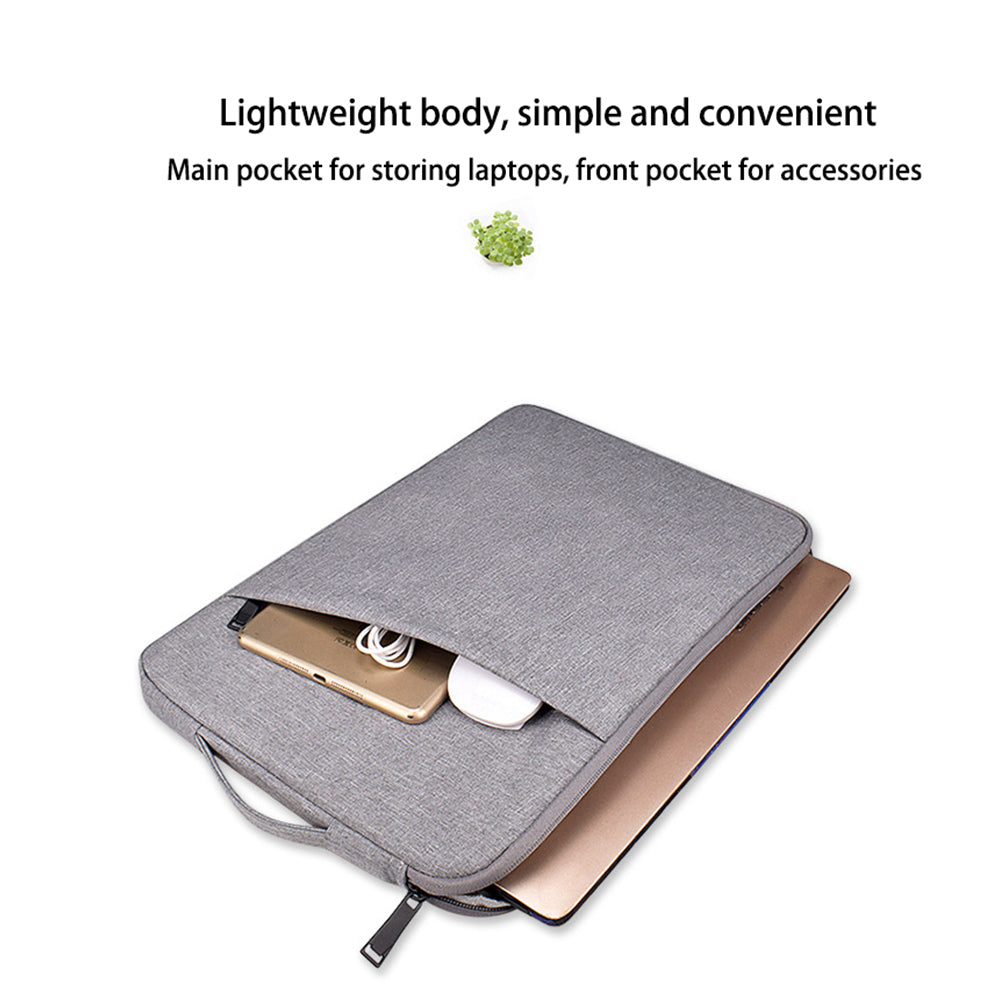 A gray laptop sleeve with a main pocket for a laptop and a front pocket for accessories.