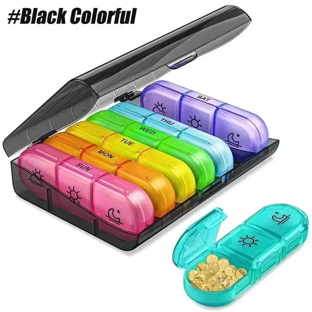 A black weekly pill organizer with seven colored compartments for a week's medication.