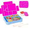 A pink and blue portable kids lunch box with divided compartments, including a lid and cutlery.