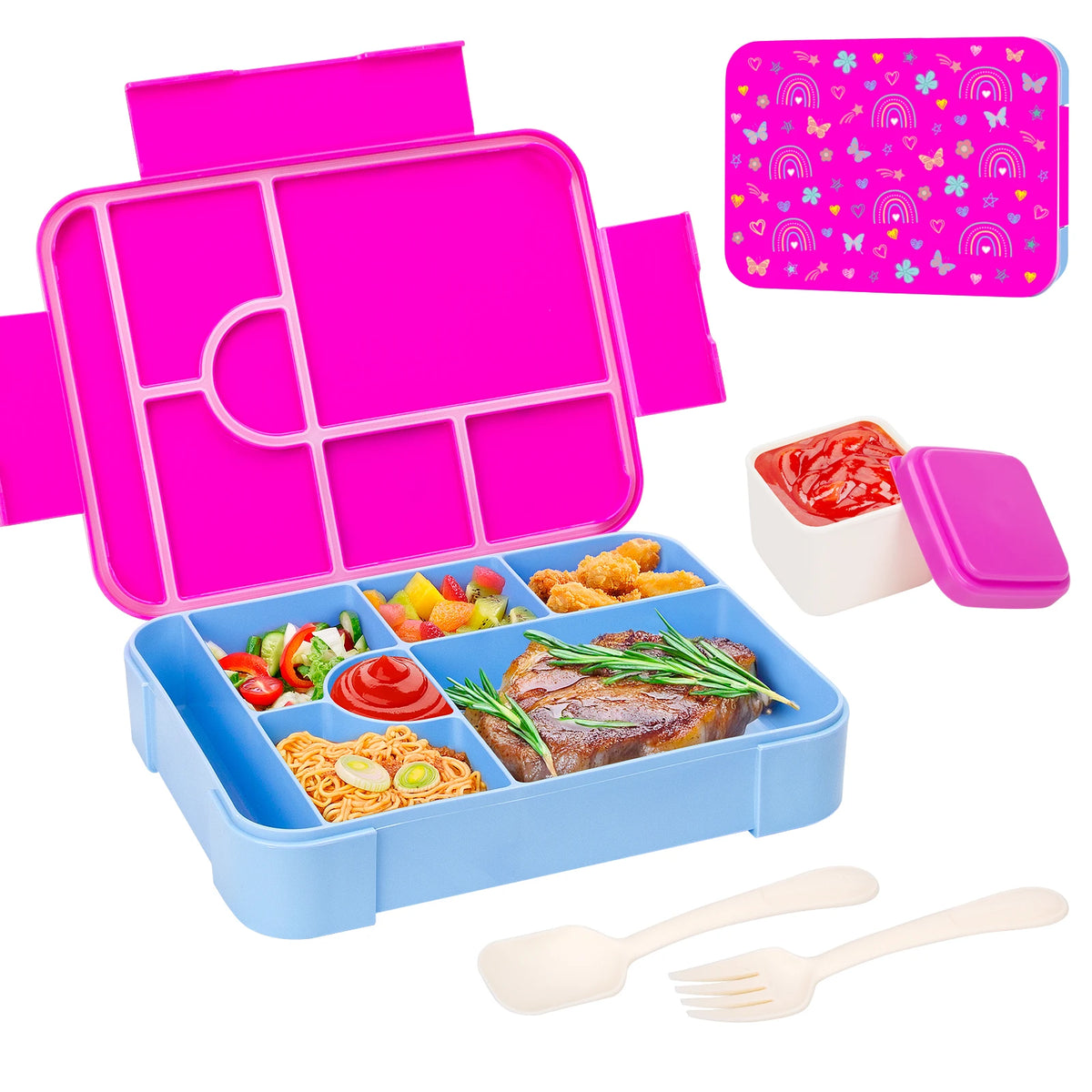 A pink and blue portable kids lunch box with divided compartments, including a lid and utensils.