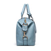 A light blue faux leather Boston handbag with silver hardware shown from the front.