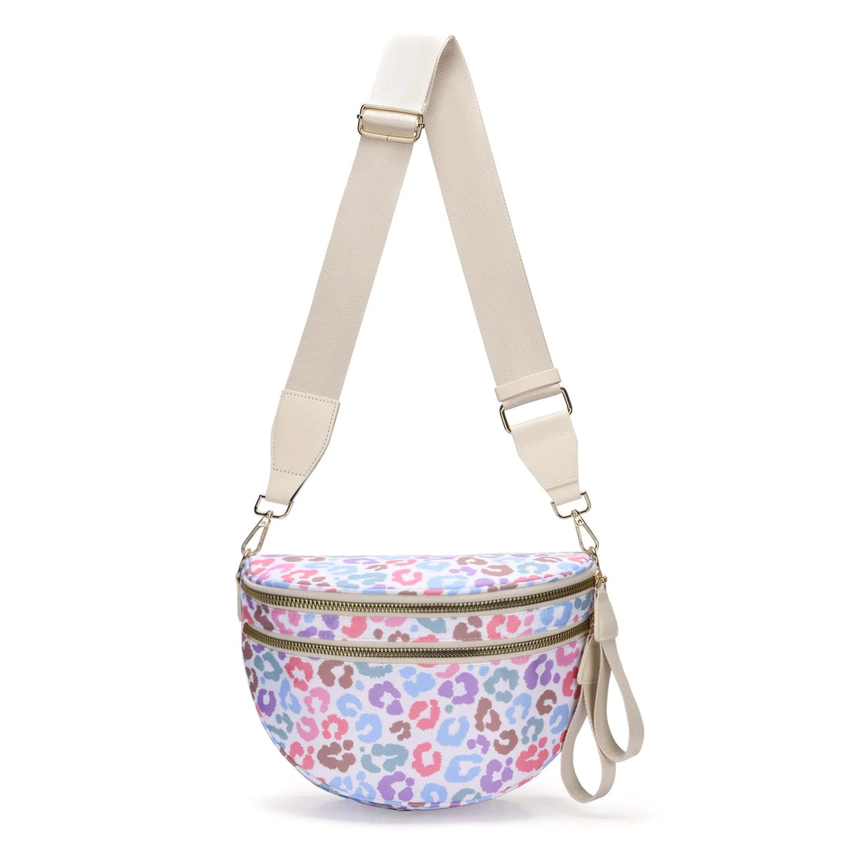 A beige nylon crossbody bag with a leopard print pattern and gold hardware.