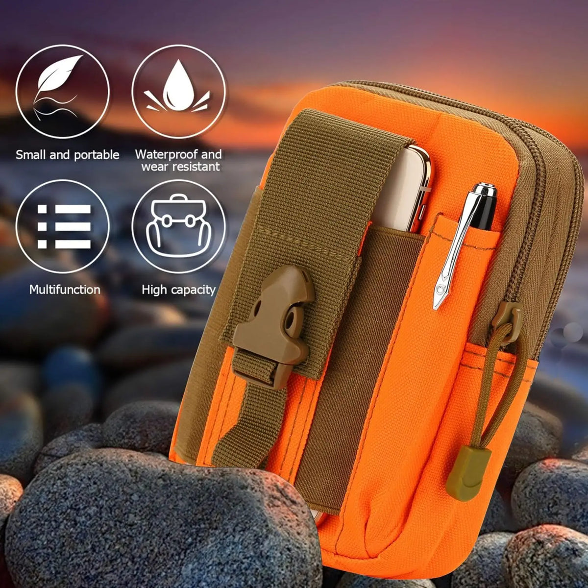 Orange tactical EDC waist pouch featuring waterproof and wear resistant material with multiple compartments