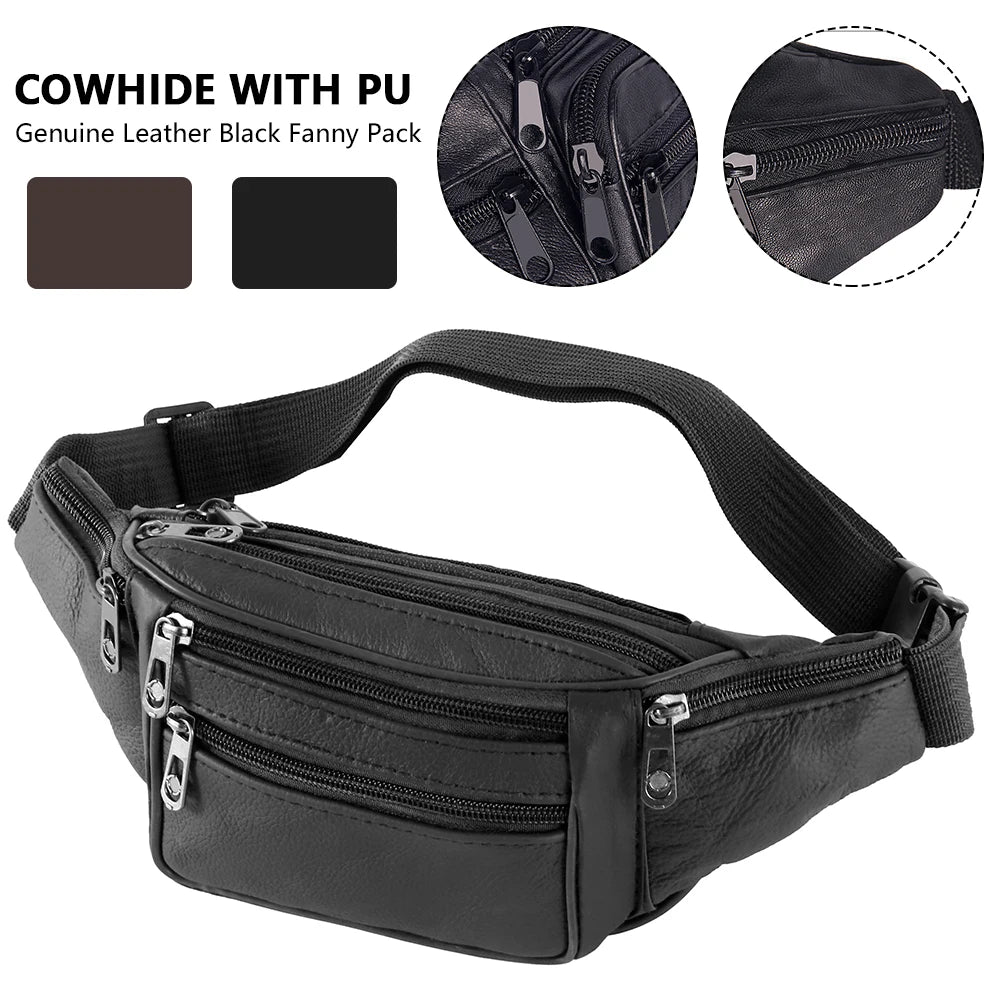 Black cowhide leather Fanny pack with PU lining shown in various colors and a full view.
