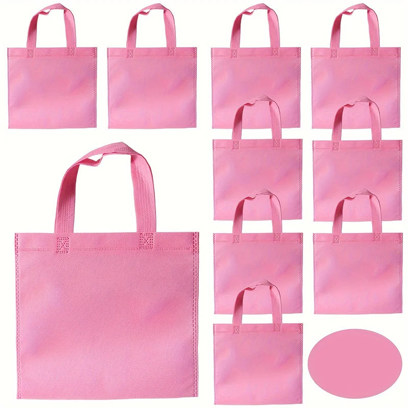 A set of pink non-woven tote bags in various sizes and styles for parties and gifting