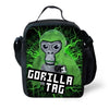 Un sac à dos noir avec un gorille de dessin animé vert aux yeux verts lumineux et des effets d'éclair.