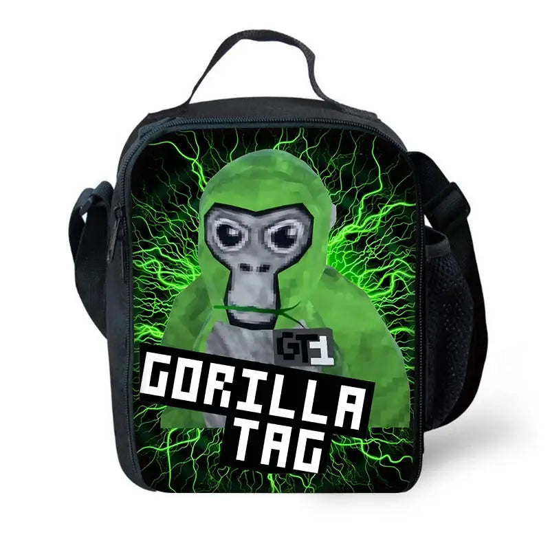 Un sac à dos noir avec un gorille de dessin animé vert aux yeux verts lumineux et des effets d'éclair.
