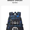 A black and blue graffiti-patterned backpack featuring a white headphones graphic on the front.