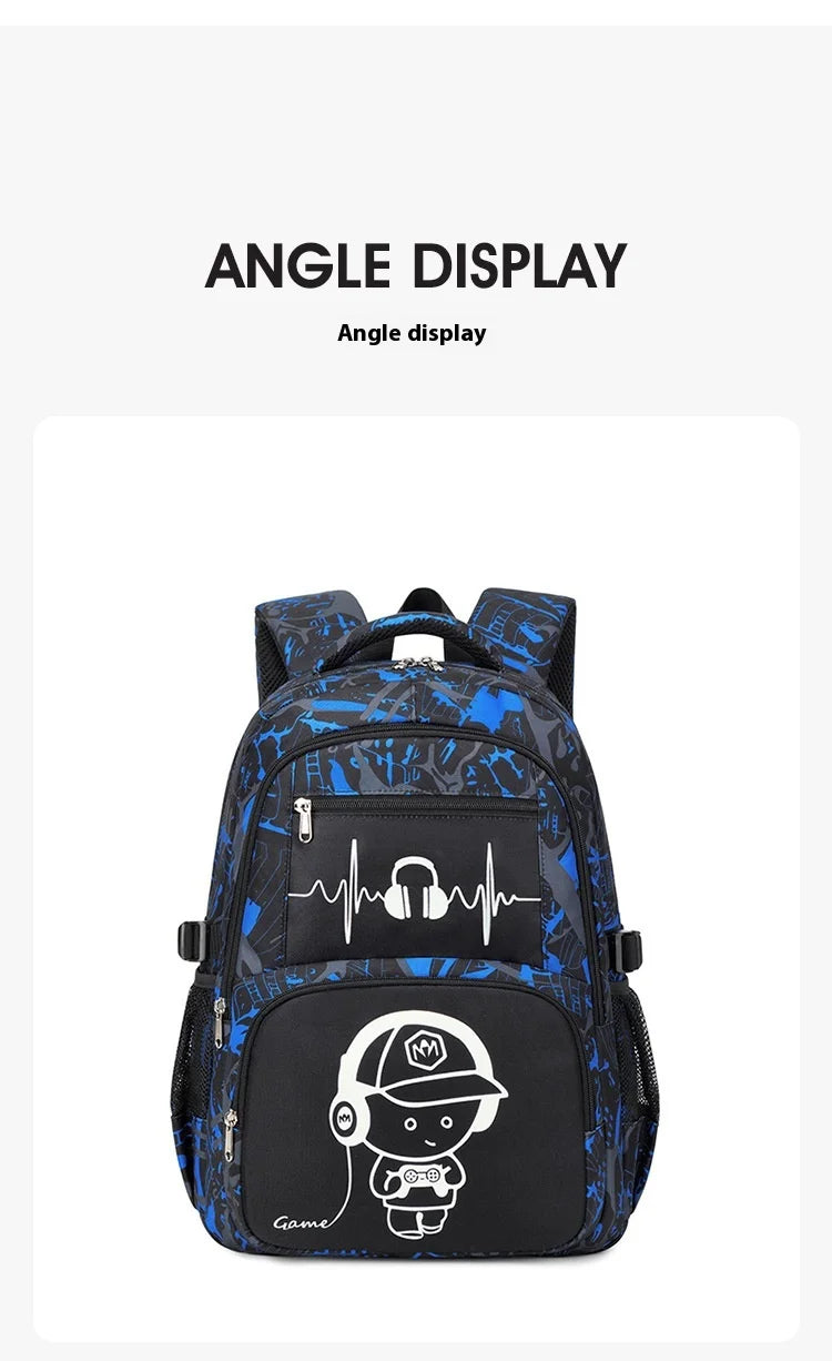 A black and blue graffiti-patterned backpack featuring a white headphones graphic on the front.