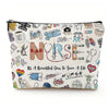 A beige zippered makeup bag featuring various nurse and medical-themed graphics.