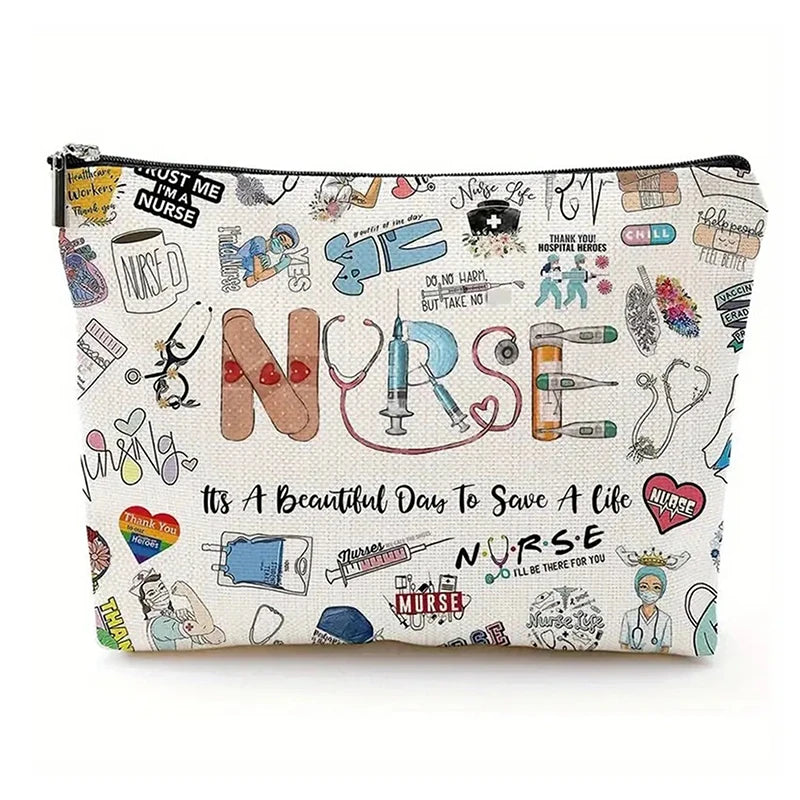 A beige zippered makeup bag featuring various nurse and medical-themed graphics.