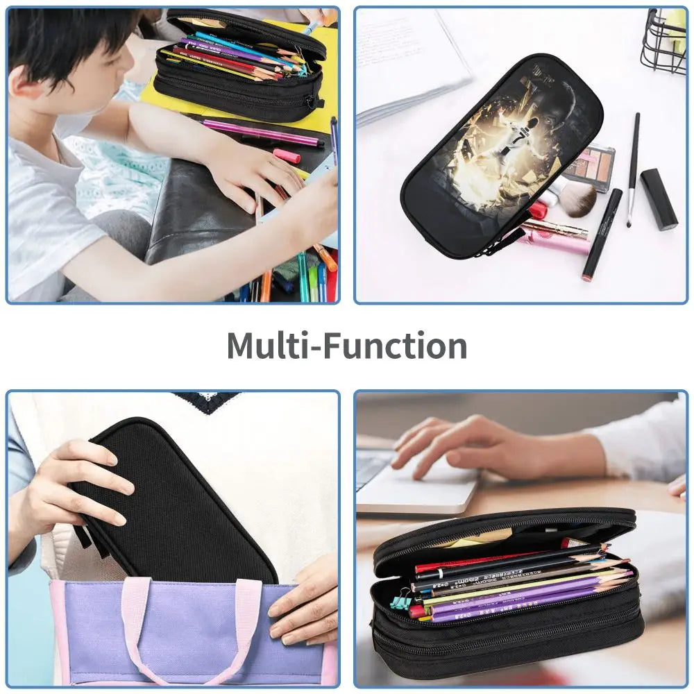 A multi-function black leather pencil case shown open and closed, next to a purple fabric pencil case.