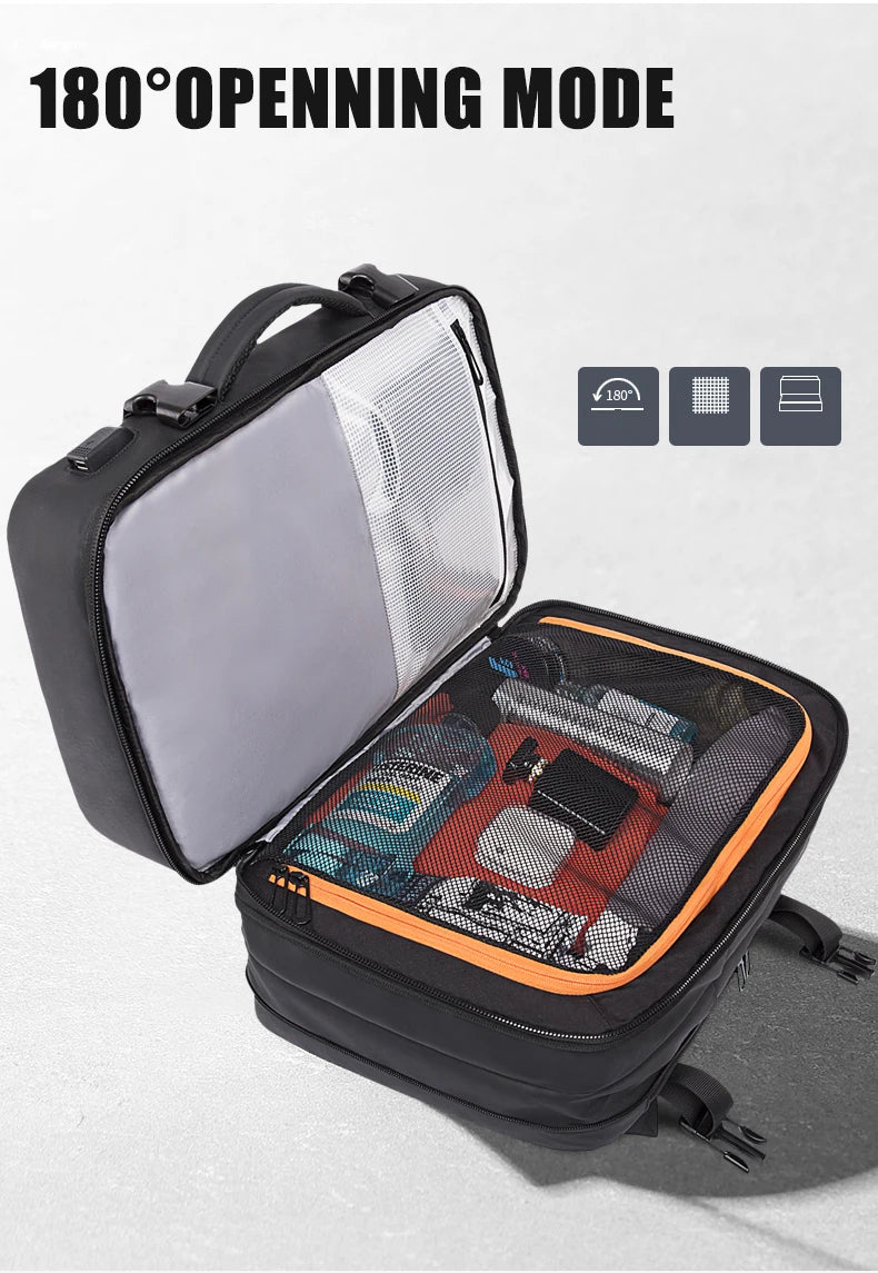 A black business travel backpack with an 180-degree opening mode shown open, displaying internal organization.