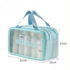 A light blue plastic washbag with a clear window for storing toiletries, shown from the top.