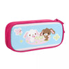 A pink zippered pencil case featuring cute animal illustrations on a light blue background.