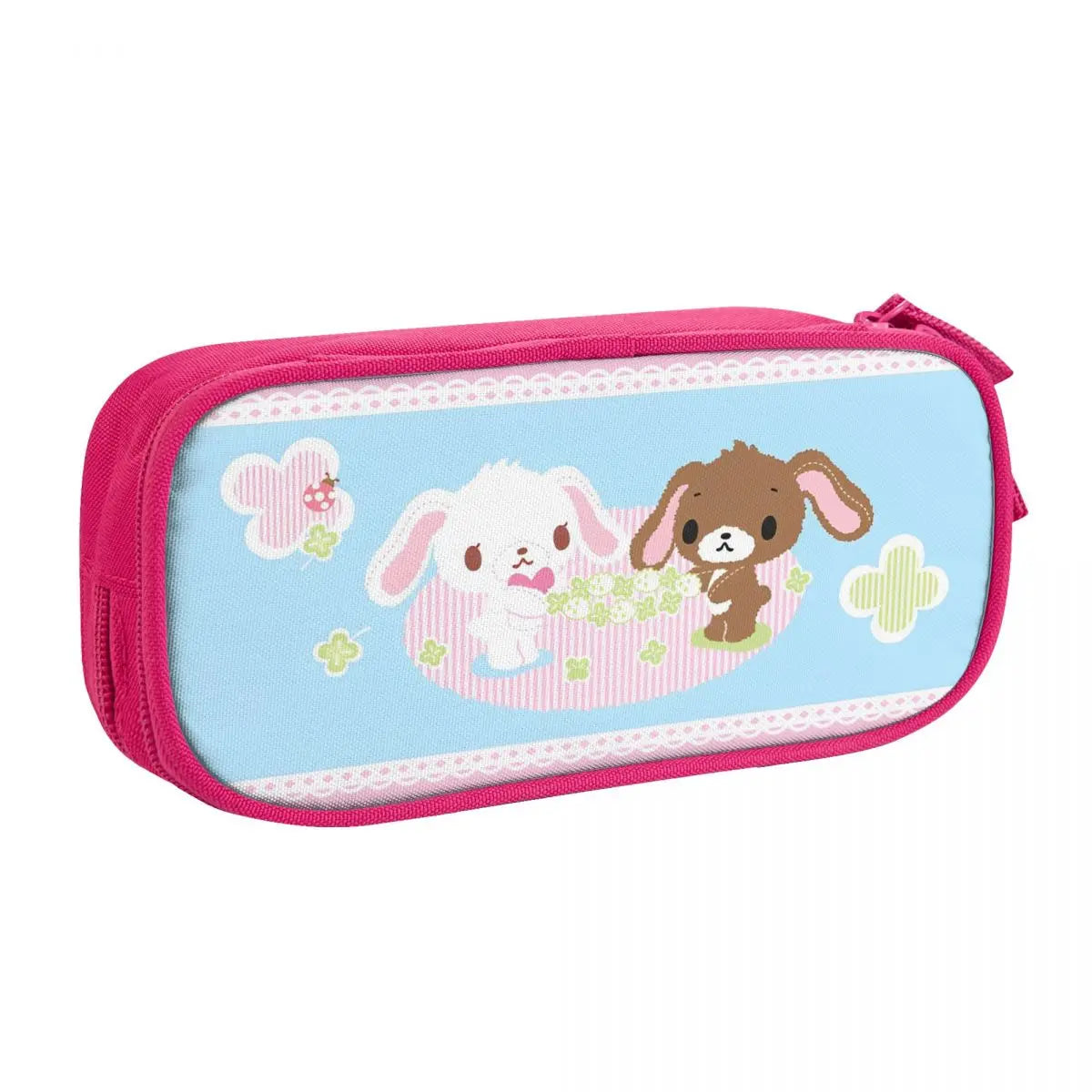 A pink zippered pencil case featuring cute animal illustrations on a light blue background.
