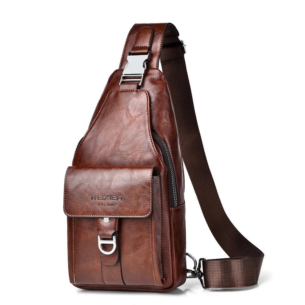A brown men's PU leather belt sling chest bag with a leather strap and silver buckle.