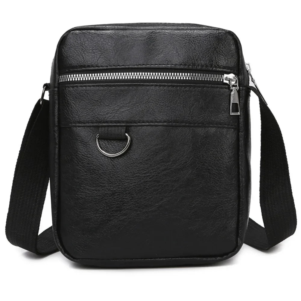 Black waterproof PU leather sling bag with a zipper and a silver ring closure