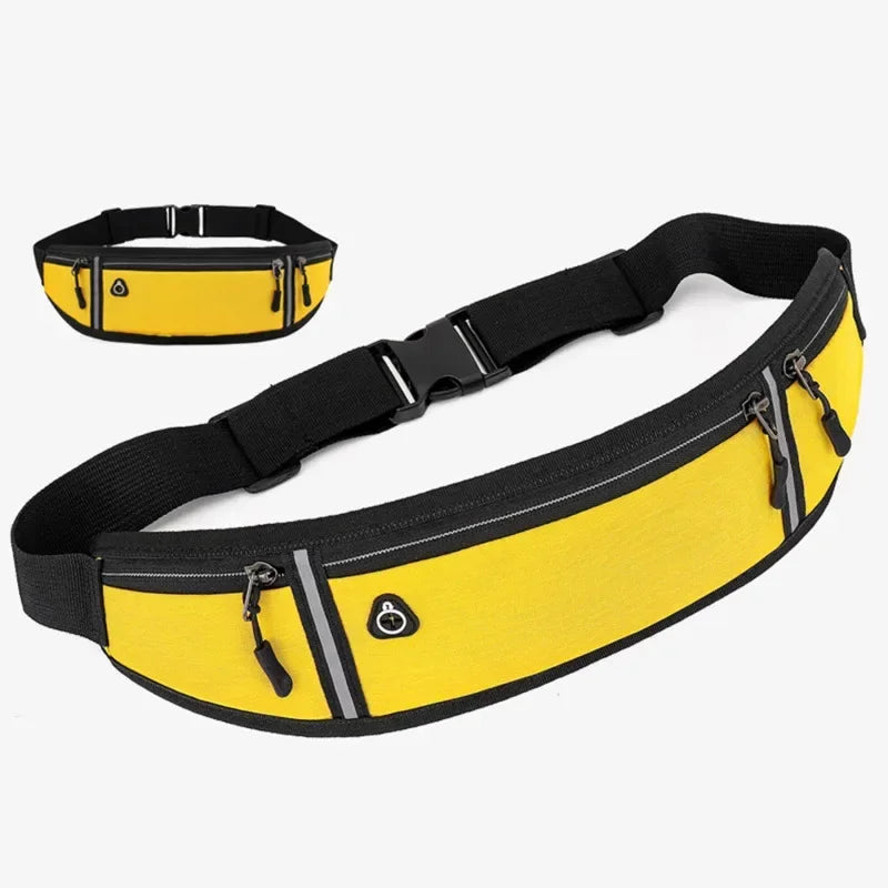 Yellow canvas waist fanny pack with black strap and zipper details
