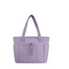 A lavender quilted padded tote bag with a handle and multiple pockets.