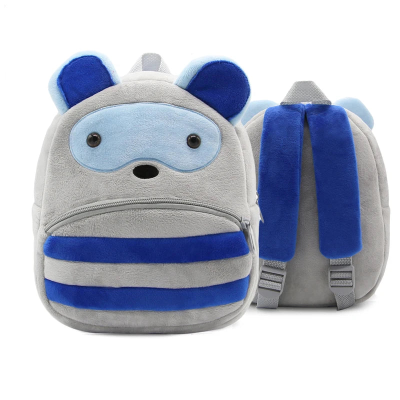 A gray and blue striped cartoon animal plush backpack with blue ears.