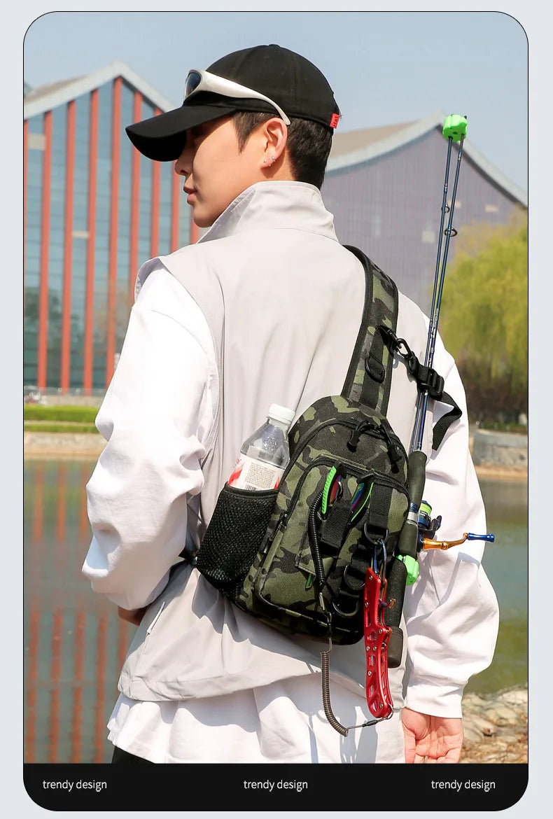 A person wearing a white jacket is holding a tactical fishing gear storage chest bag with camouflage fabric and various acces