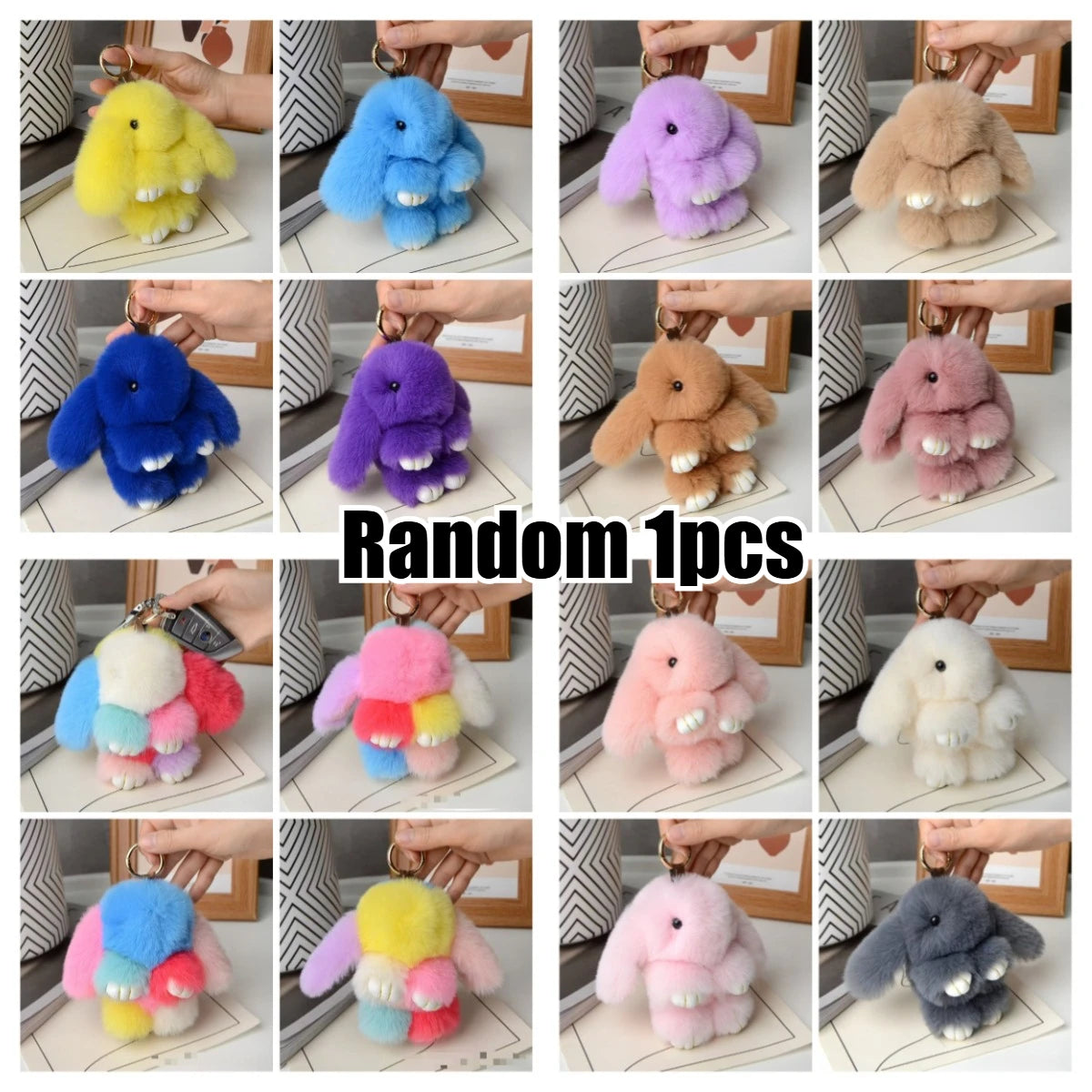 A collection of ten cute plush rabbit bag charms in various colors including yellow, blue, purple, pink, and beige.