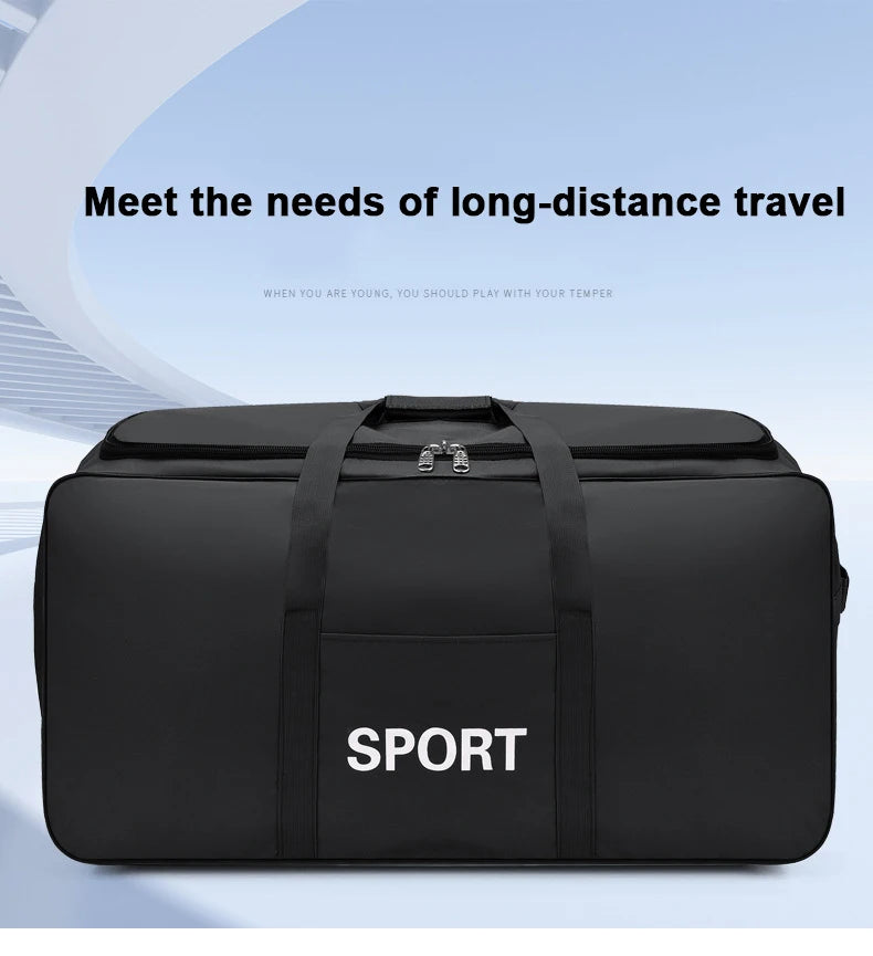 Schwarze, robuste Sport-Reise-Duffeltasche mit gepolstertem Deckel und Tragegriffen.