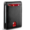 Black slim bifold men's wallet with RFID protection showing internal card slots