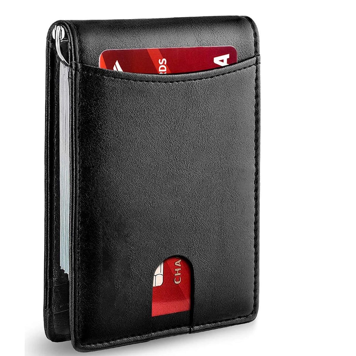 Black slim bifold men's wallet with RFID protection showing internal card slots