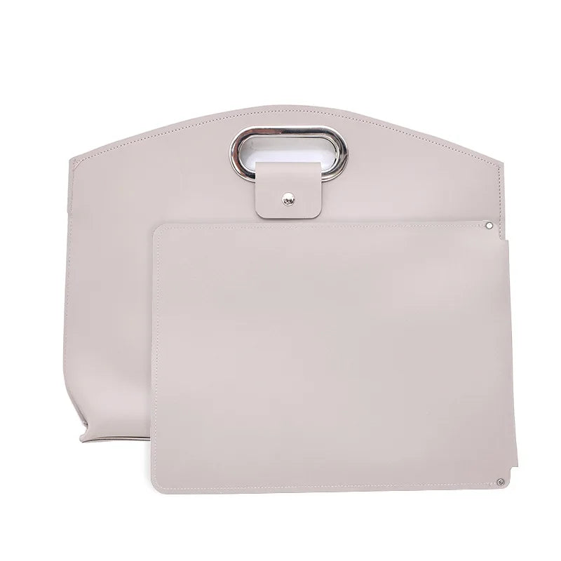 A light beige premium leather laptop briefcase with a silver clasp and a separate storage pouch.