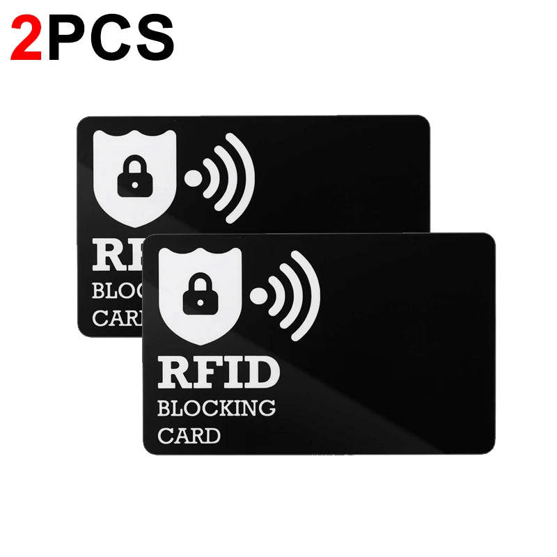 Two black RFID blocking cards with shield and radio wave icons for protection