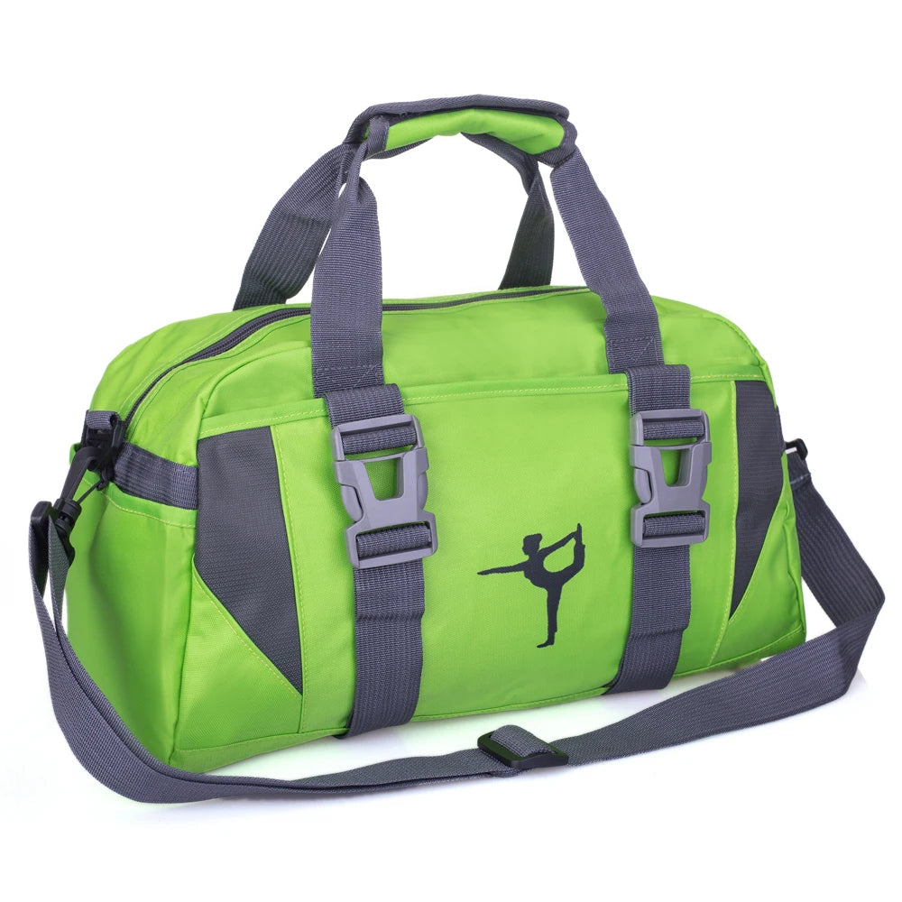 A lime green water-resistant travel duffel bag with gray straps and storage compartments.