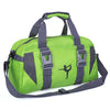 A lime green water-resistant travel duffel bag with gray straps and storage compartments.