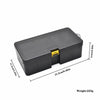 A dark gray large capacity fishing tackle box shown from the top view with dimensions and weight listed.