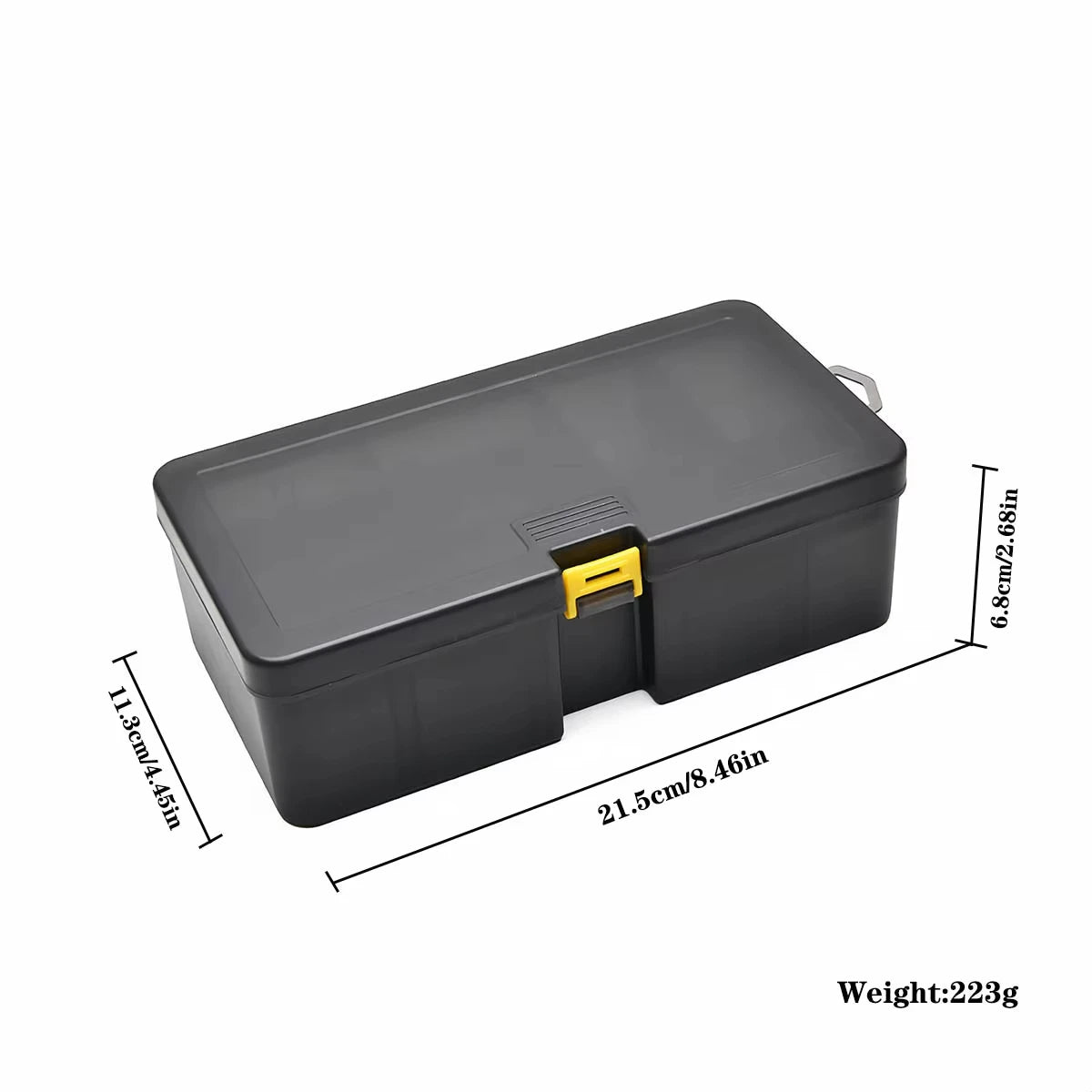 A dark gray large capacity fishing tackle box shown from the top view with dimensions and weight listed.