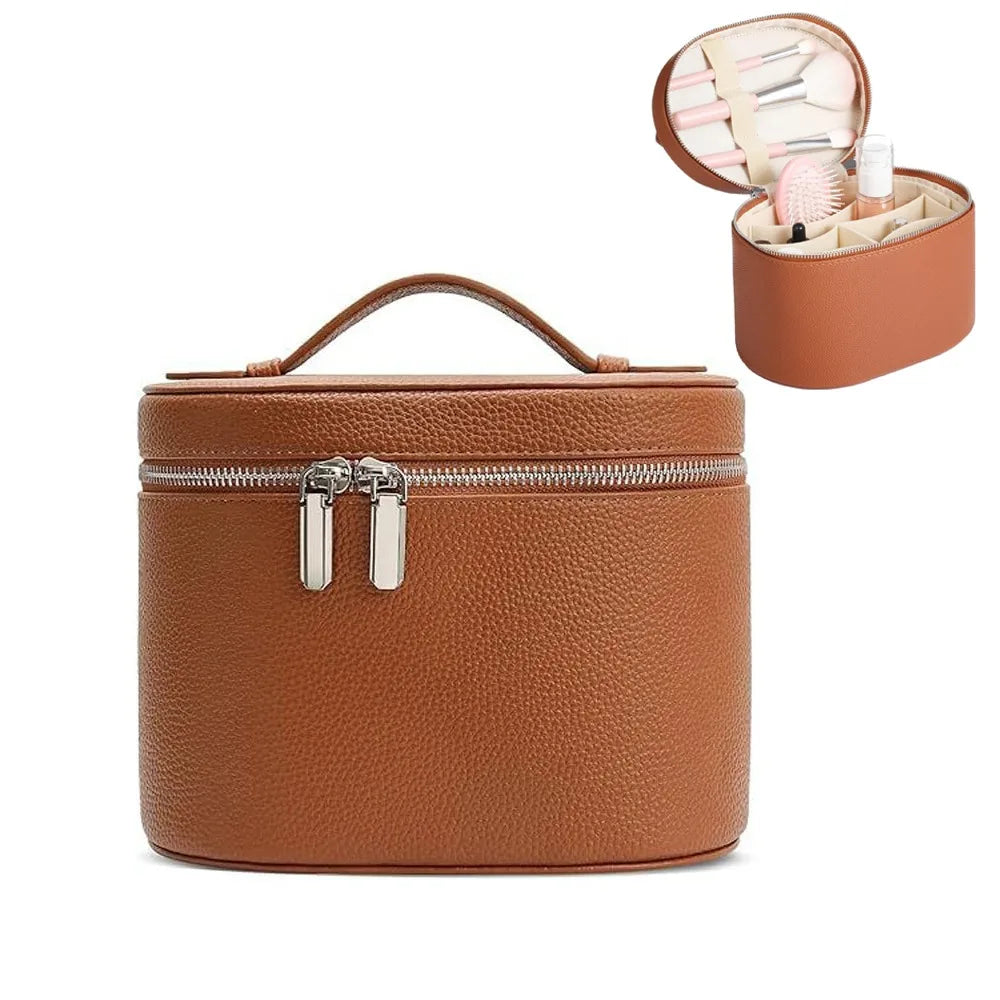 A round, tan leather travel makeup organizer with a zipper closure and an open compartment for brushes.