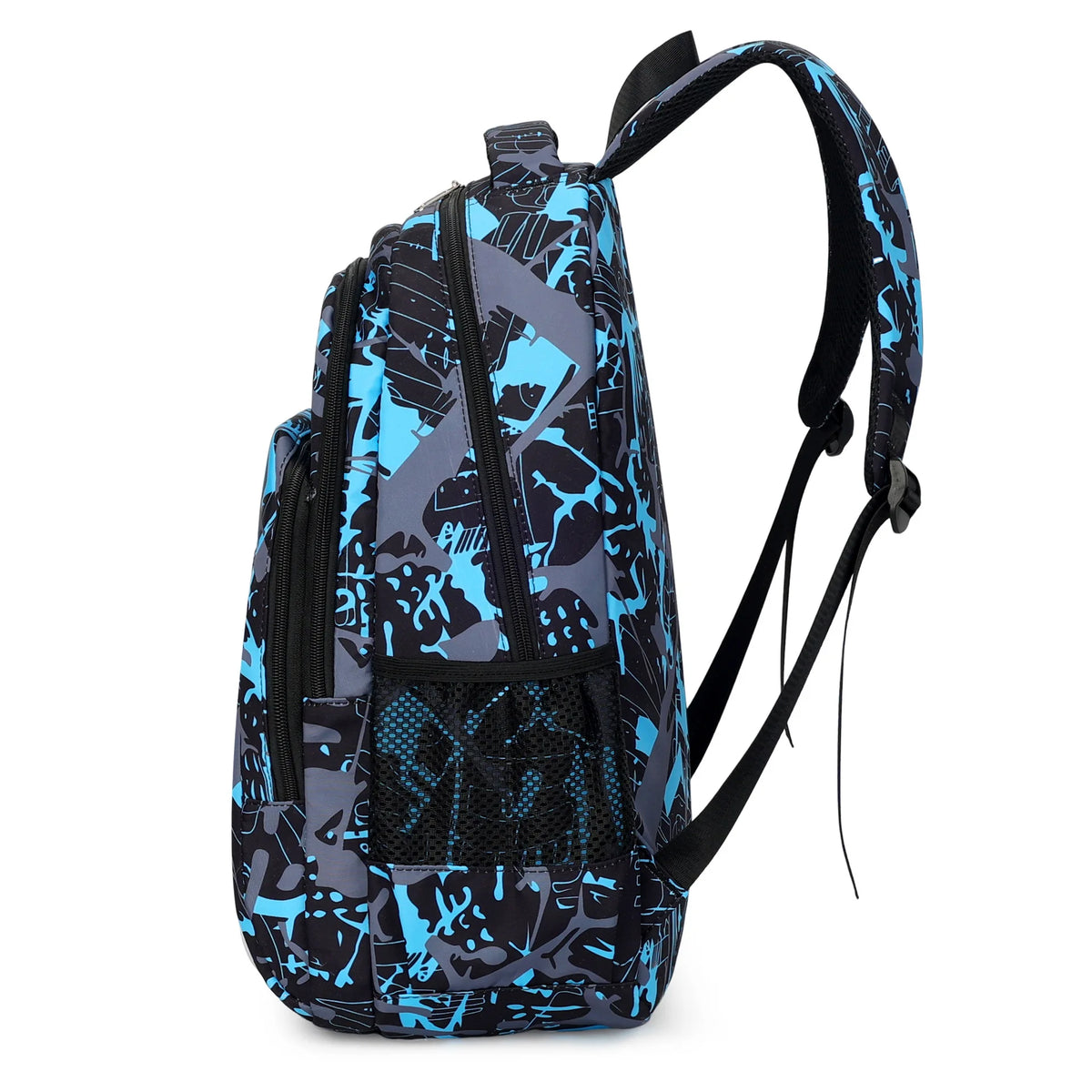 A stylish sports laptop backpack featuring a blue and black abstract pattern with a black rain cover.