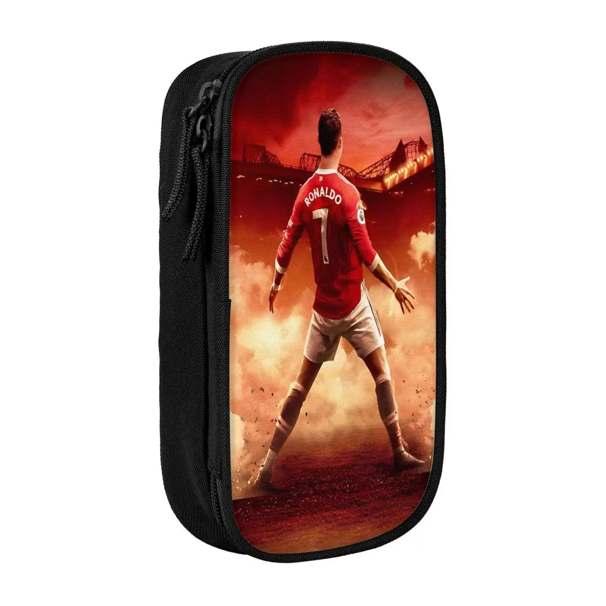 A black pencil case featuring a portrait of Cristiano Ronaldo in a red jersey.