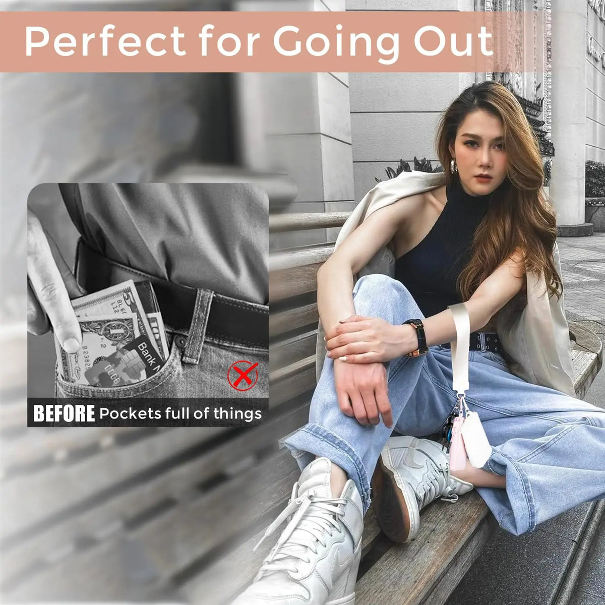 A woman sitting outdoors wearing jeans and a top, with an inset showing a pocket full of items.