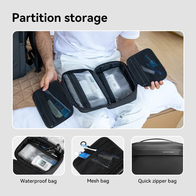 Various types of partition storage bags including waterproof mesh and quick zipper bags shown in use.